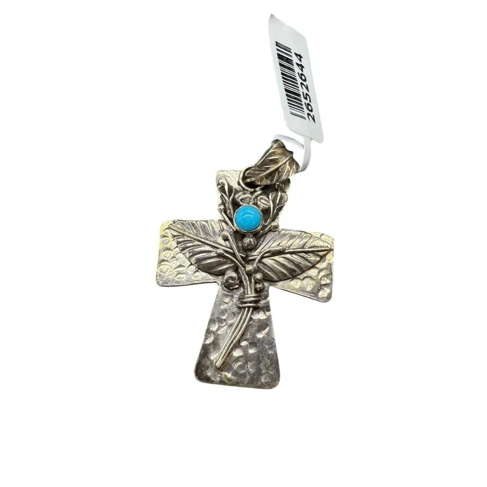 STS 925 Sterling Silver Indonesia Hammered Leaf Cross Pendant Bohemian - Picture 2 of 5